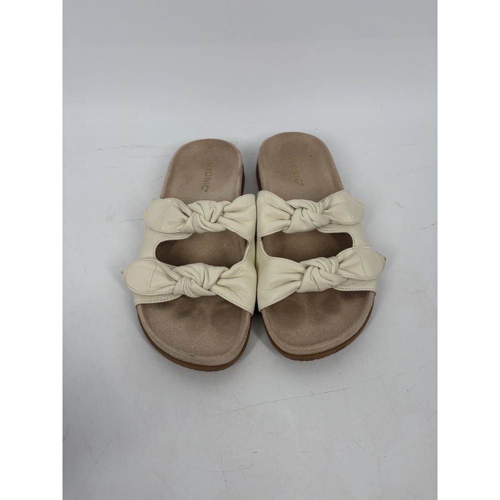 Vionic Womens Supportive Elara Slide Sandals Ivory Leather Bow Size 6.5 US